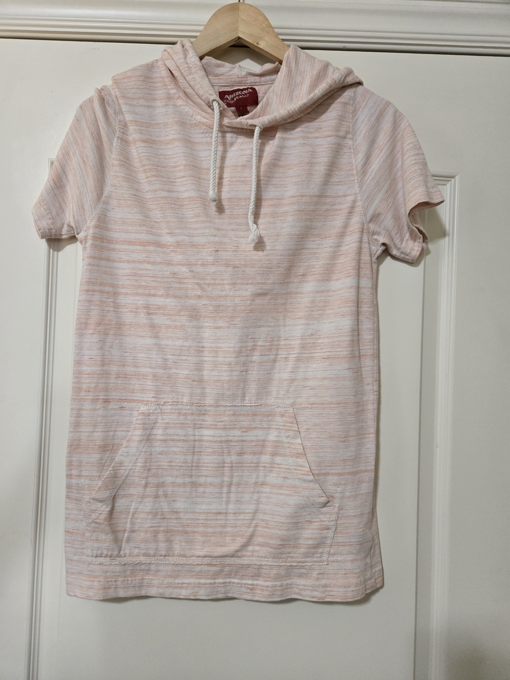 Arizona Jean Company Light Peach Pink & White Striped Short Sleeve Hoodie Tunic